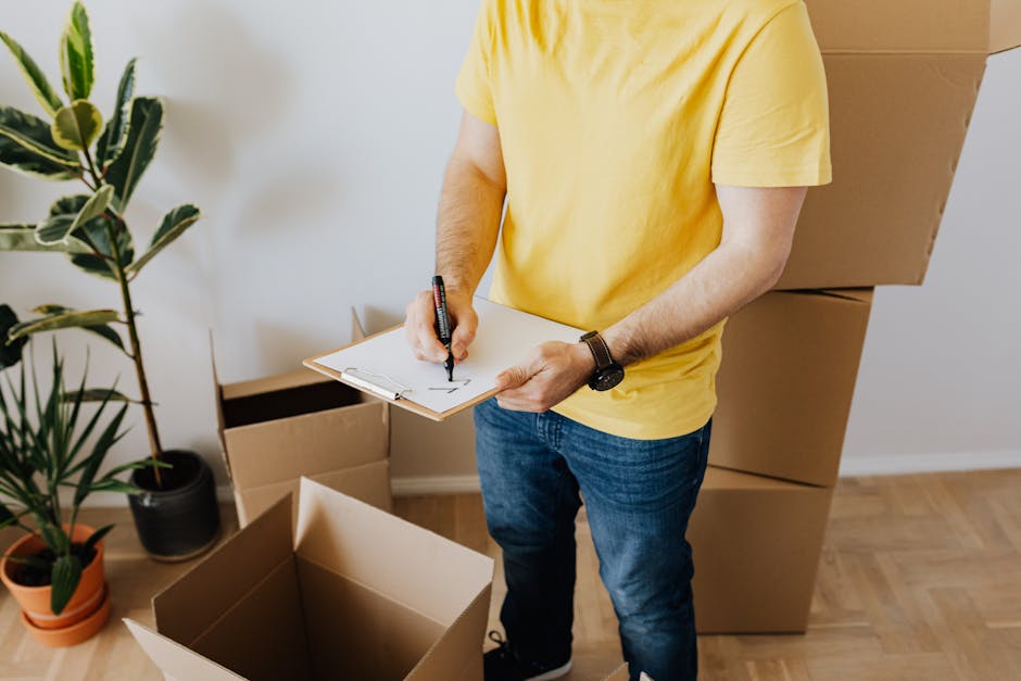 A woman with long blonde hair, wearing a dark green T-shirt, is holding a clipboard and writing with a black marker in an indoor setting. Behind her are several large, open cardboard boxes stacked on 