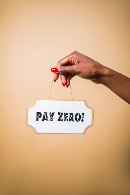 A person's hand with red nail polish is holding a small wooden sign with a string, hanging against a plain beige background. The sign displays the words 'PAY ZERO!' in bold, black capital letters. The
